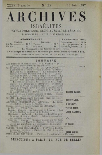 Archives israélites de France. Vol.38 N°12 (15 juin 1877)